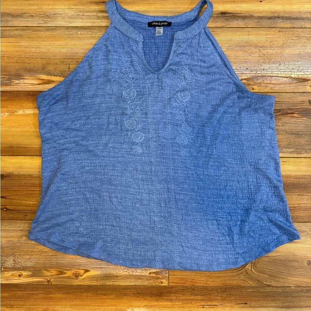 Cable & Gauge Blue Tank Top Sleeveless Casual Embroidery Detail Size XL